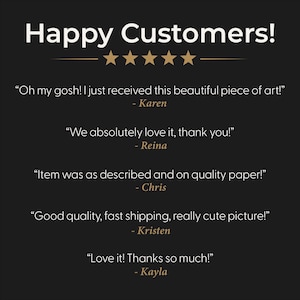 May include: Image with the text "Happy Customers!" and five gold stars. Below the text are customer testimonials, including quotes from Karen, Reina, Chris, Kristen, and Kayla, expressing satisfaction with their purchases.