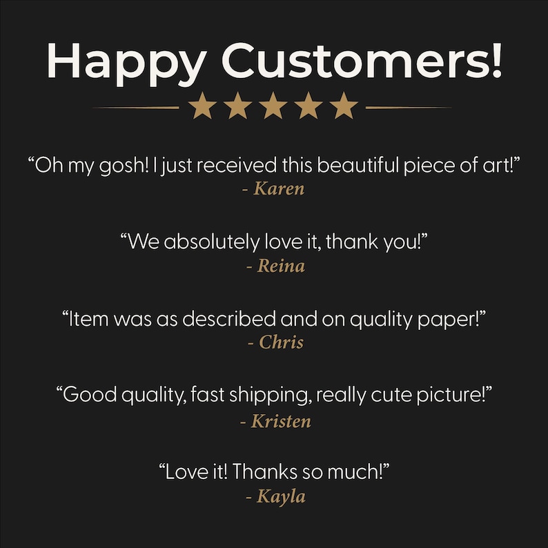 May include: Image with the text "Happy Customers!" and five gold stars. Below the text are customer testimonials, including quotes from Karen, Reina, Chris, Kristen, and Kayla, expressing satisfaction with their purchases.