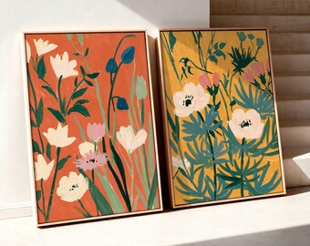 Vibrant Wildflower Meadow Botanical Wall Art: Set of 2 Framed Canvas Prints