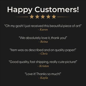May include: Image with the text "Happy Customers!" above five gold stars. Below the stars are customer testimonials, including quotes from Karen, Reina, Chris, Kristen, and Kayla, expressing satisfaction with their purchases.
