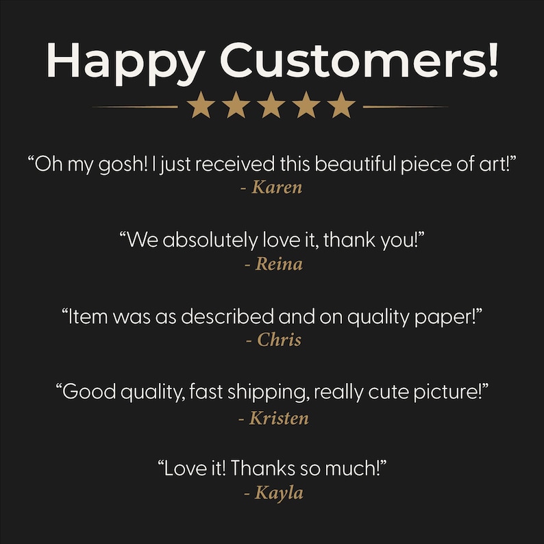 May include: Image with the text "Happy Customers!" above five gold stars. Below the stars are customer testimonials, including quotes from Karen, Reina, Chris, Kristen, and Kayla, expressing satisfaction with their purchases.