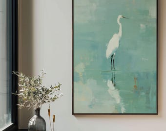 Minimalist Coastal Heron Canvas Print: Teal and White Marsh Scene