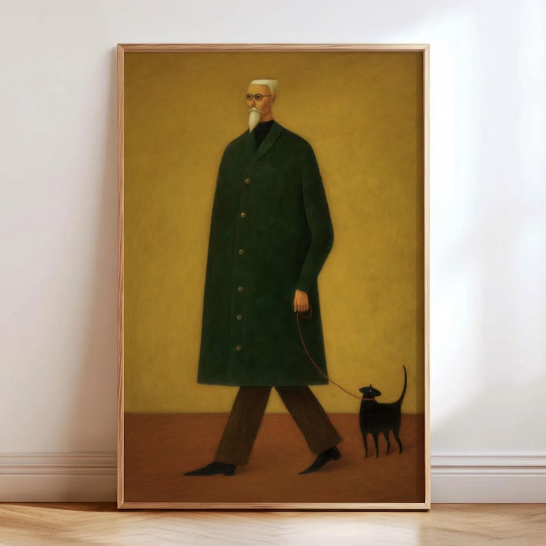 May include: A framed art print depicts a person in a long green coat walking a black cat on a leash. The person wears glasses and has a white beard. The background is a solid yellow-brown color.