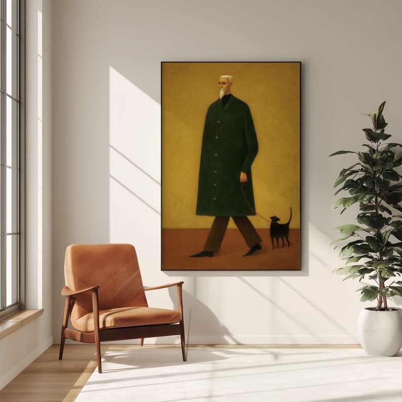 May include: A framed art print depicts a person in a long green coat walking a black dog. The person has a white beard and is wearing brown pants and black shoes. The background is a muted yellow.