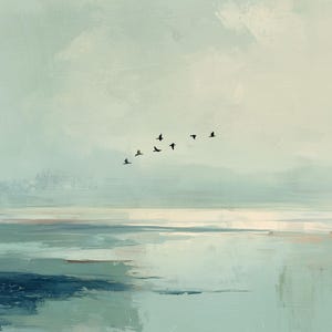 May include: A painting featuring a soft, muted palette of pale blue, teal, and white tones. A small flock of seven black birds is depicted in flight across the center of the composition, set against a hazy, textured sky and water horizon.