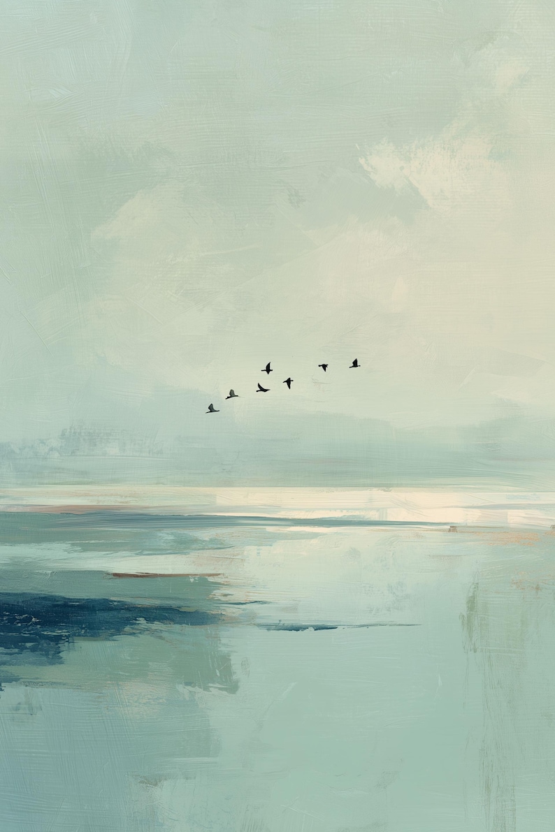 May include: A painting featuring a soft, muted palette of pale blue, teal, and white tones. A small flock of seven black birds is depicted in flight across the center of the composition, set against a hazy, textured sky and water horizon.