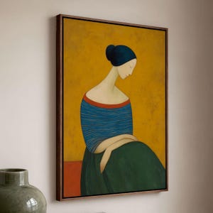 Modern Woman Figurative Art : Ochre Mustard and Blue Framed Canvas