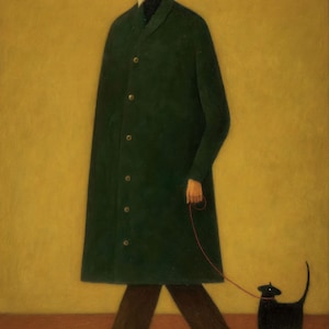 May include: An artistic painting depicts a person in a long, dark green coat walking a black cat on a red leash. The person wears glasses and has a white beard. The background is a solid yellow color, and the floor is brown.