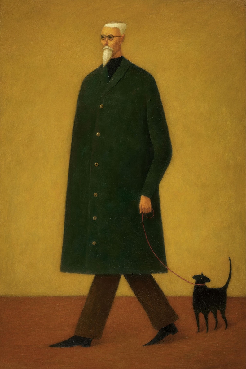 May include: An artistic painting depicts a person in a long, dark green coat walking a black cat on a red leash. The person wears glasses and has a white beard. The background is a solid yellow color, and the floor is brown.
