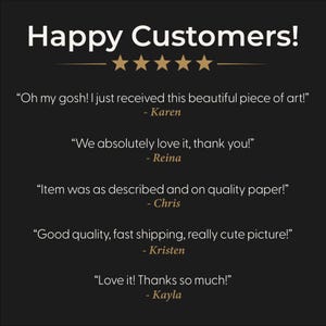 May include: A black graphic display featuring the white text Happy Customers! above five gold stars. Below are five customer testimonials in white text with gold names: Karen, Reina, Chris, Kristen, and Kayla, sharing positive feedback.