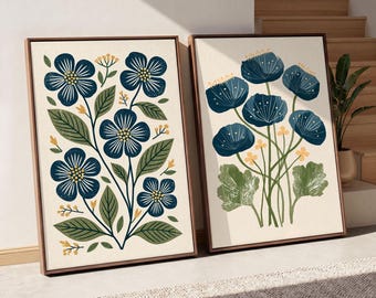 Bohemian Botanical Flower Wall Art: Set of 2 Framed Canvas Prints