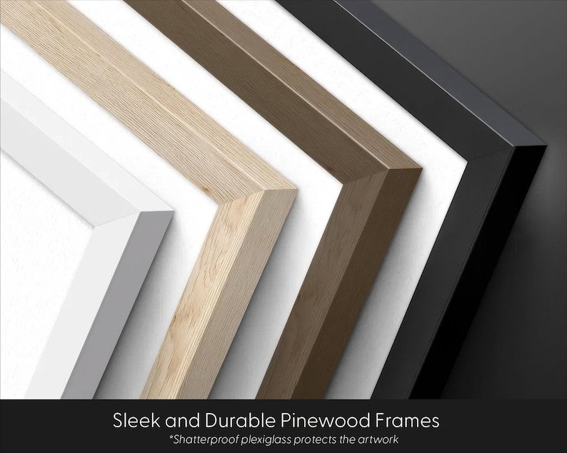 May include: Close-up of four different colored picture frames: white, light wood, medium brown, and black. The frames are made of pinewood and have a sleek, modern design. Text at the bottom reads "Sleek and Durable Pinewood Frames".