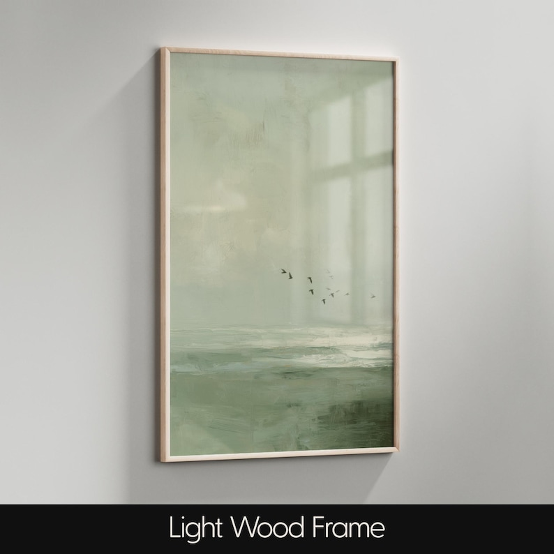 Vintage Seascape Oil Painting : Moody Sage Green Ocean Print with Birds image 13