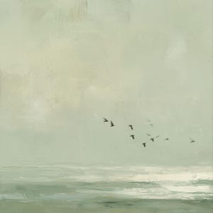 Vintage Seascape Oil Painting : Moody Sage Green Ocean Print with Birds image 7