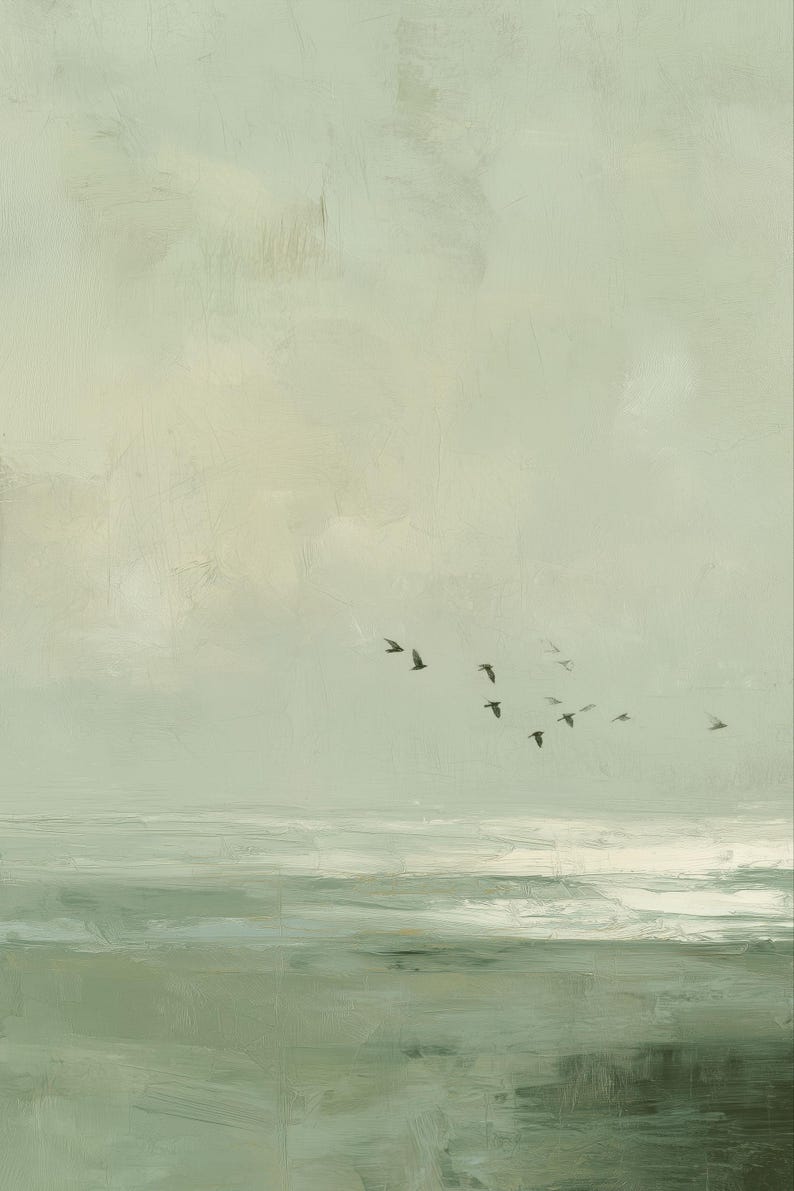 Vintage Seascape Oil Painting : Moody Sage Green Ocean Print with Birds image 7