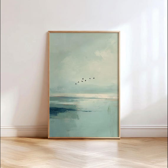 Abstract Sage Green Seascape: Minimalist Birds Flying Framed Wall Art