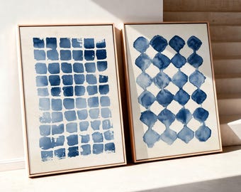 Organic Grid Wall Art Indigo Blue Shapes: Set of 2 Framed Canvas Prints