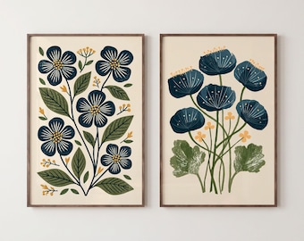 Arte mural botánico floral de mediados de siglo: Juego de 2 láminas enmarcadas sobre papel.