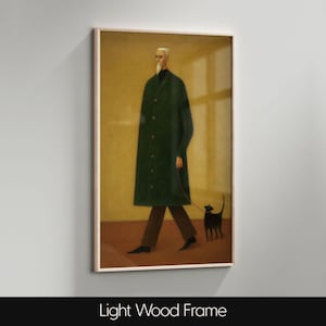 May include: A framed art print featuring a figure in a long green coat walking a black dog. The artwork has a minimalist style with a light wood frame. The background is a warm, muted yellow.