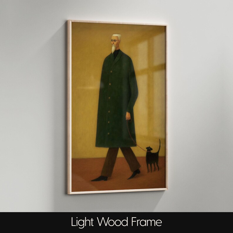 May include: A framed art print featuring a figure in a long green coat walking a black dog. The artwork has a minimalist style with a light wood frame. The background is a warm, muted yellow.