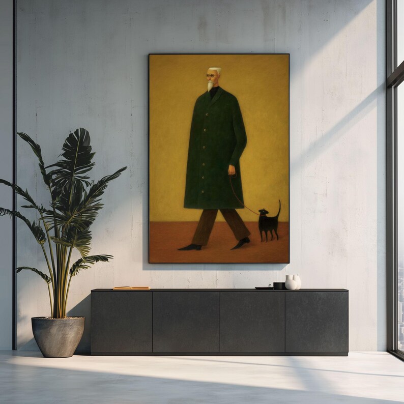 May include: A framed painting depicts a person in a long green coat walking a black dog. The person has white hair and a beard, and is wearing a black turtleneck and brown pants. The background is a warm yellow and brown.