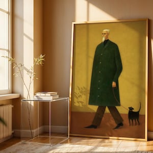 May include: Framed art print featuring a stylized illustration of a person in a long green coat walking a black cat on a leash. The artwork has a minimalist style with a muted color palette and is set against a yellow background.