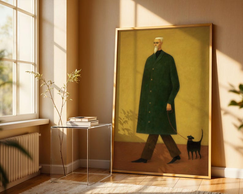 May include: Framed art print featuring a stylized illustration of a person in a long green coat walking a black cat on a leash. The artwork has a minimalist style with a muted color palette and is set against a yellow background.