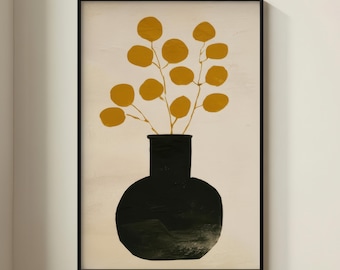 Mustard Yellow Botanical Print: Mid Century Modern Wall Art, Minimalist Black Vase