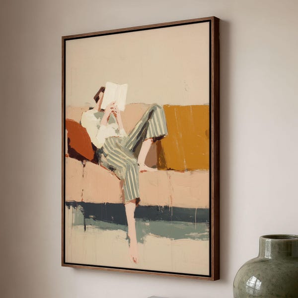 Reading Woman Canvas: Earth Tone Minimalist Art