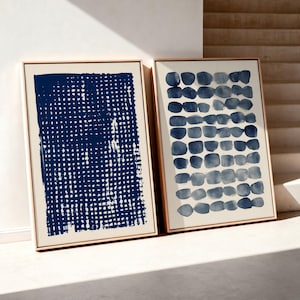 Indigo Blue Abstract Wall Art Organic Shapes Dot Pattern Decor: Set of 2 Framed Canvas Prints