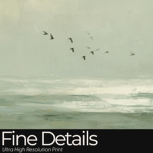 Vintage Seascape Oil Painting : Moody Sage Green Ocean Print with Birds image 9