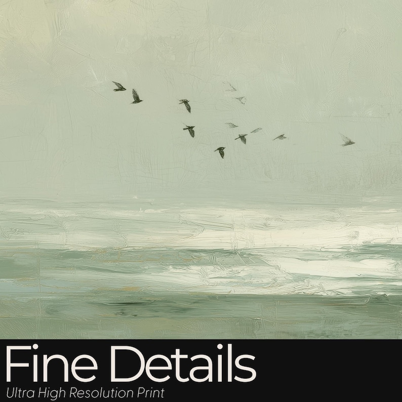 Vintage Seascape Oil Painting : Moody Sage Green Ocean Print with Birds image 9