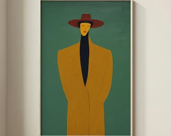 Stylized Fashion Portrait Print in Mustard and Emerald Green