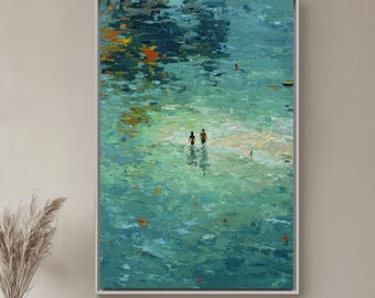 Abstract Coastal Painting of Two Swimmers: Large Framed Turquoise Wall Art
