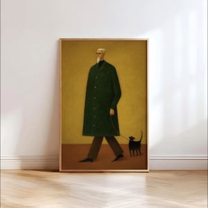 May include: A framed art print depicts a person in a long green coat walking a black dog on a leash. The person has a white beard and is wearing glasses. The background is a muted yellow.