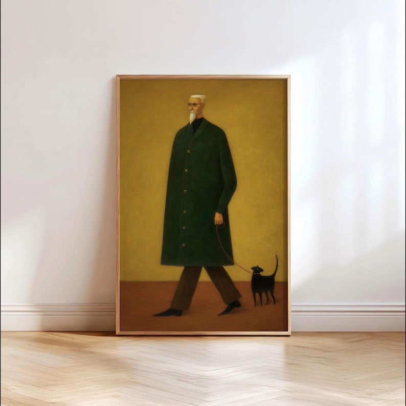 May include: A framed art print depicts a person in a long green coat walking a black dog on a leash. The person has a white beard and is wearing glasses. The background is a muted yellow.