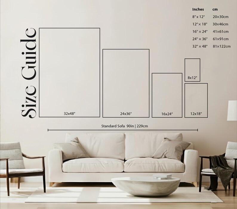 May include: A wall art size guide displays various rectangular frame sizes in inches and centimeters. The sizes range from 8x12 inches (20x30cm) to 32x48 inches (81x122cm). The text "Size Guide" is on the left. A sofa is below the guide.