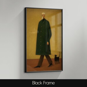 May include: A framed art print featuring a person in a long green coat walking a black dog. The person wears glasses and a black shirt. The artwork is in a black frame, with the text "Black Frame" at the bottom.