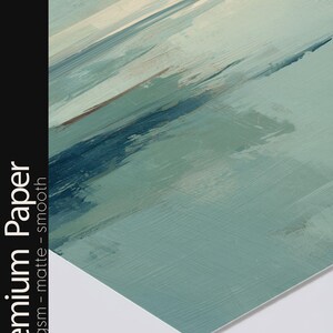 May include: A rectangular sheet of premium paper with a matte, smooth finish. The surface features an abstract painting with diagonal brushstrokes in shades of sage green, teal, and white. The text Premium Paper 200gsm - matte - smooth is visible.