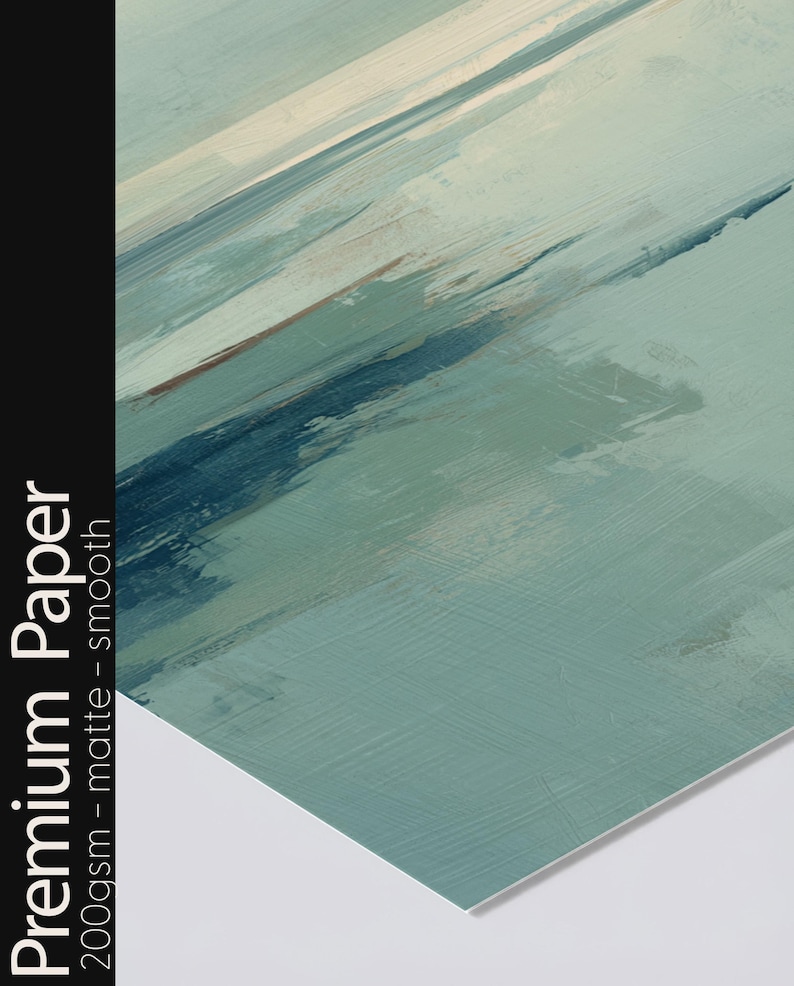 May include: A rectangular sheet of premium paper with a matte, smooth finish. The surface features an abstract painting with diagonal brushstrokes in shades of sage green, teal, and white. The text Premium Paper 200gsm - matte - smooth is visible.
