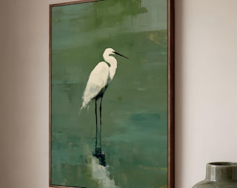 White Egret Oil Painting: Sage Green Floating Frame Canvas Wall Art