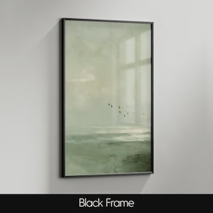 Vintage Seascape Oil Painting : Moody Sage Green Ocean Print with Birds image 11
