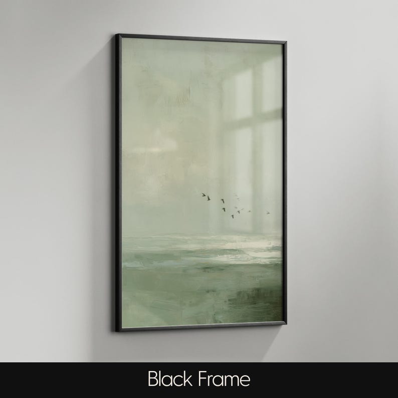 Vintage Seascape Oil Painting : Moody Sage Green Ocean Print with Birds image 11