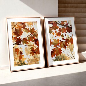 Rustic Fall Leaves Wall Art Burnt Orange Cozy Decor: Set of 2 Framed Canvas Prints