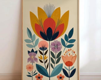 Mid Century Modern Art Print: Mustard and Teal Scandi Floral Wall Decor