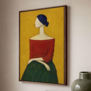 Minimalist Woman Portrait Canvas Art Print: Red, Green & Yellow