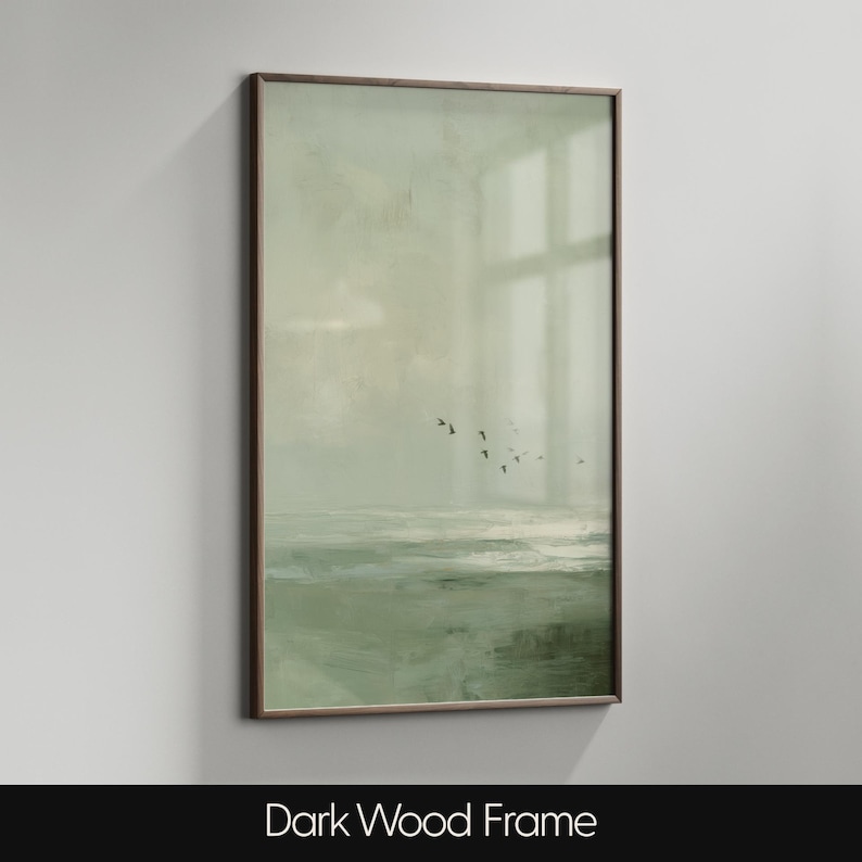 Vintage Seascape Oil Painting : Moody Sage Green Ocean Print with Birds image 12
