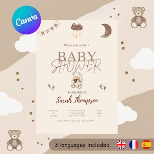Invitation baby shower ourson beige, template d'invitation Canva, modèle de faire part  personnalisable , carte d'invitation à imprimer