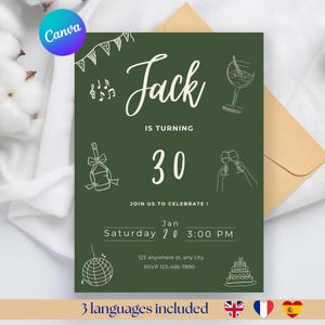 Invitation d'anniversaire 30 ans, invitation Canva personnalisable, modele d'invitation en 3 langues imprimable ou numerique