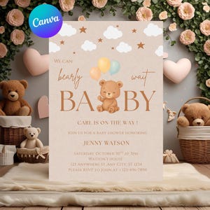 Faire part de baby shower modifiable, Invitation baby shower prêt à imprimer, Baby shower invitation ours, template carte d'invitation